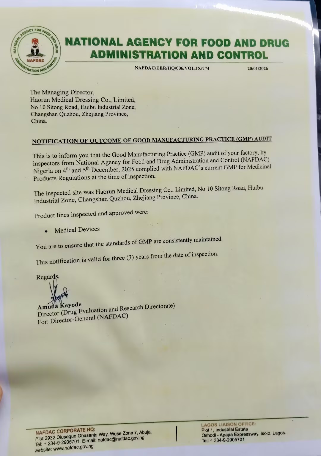 Produsele medicale Haorun primesc în mod oficial certificarea de înregistrare NAFDAC în Nigeria